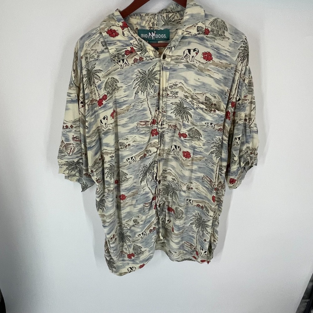 Vintage 90s Big Dogs Tropical Beach Short Sleeve Hawaiian Shirt Ivory Blue 2X